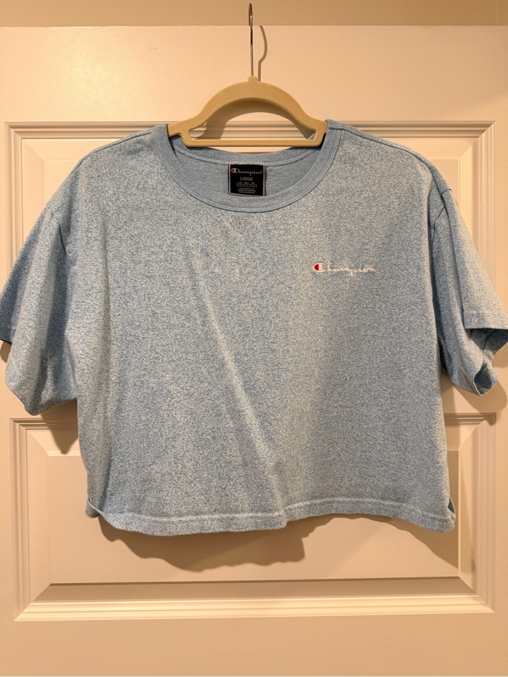 Champion Heathered Light Blue Cropped Tee with Script Logo